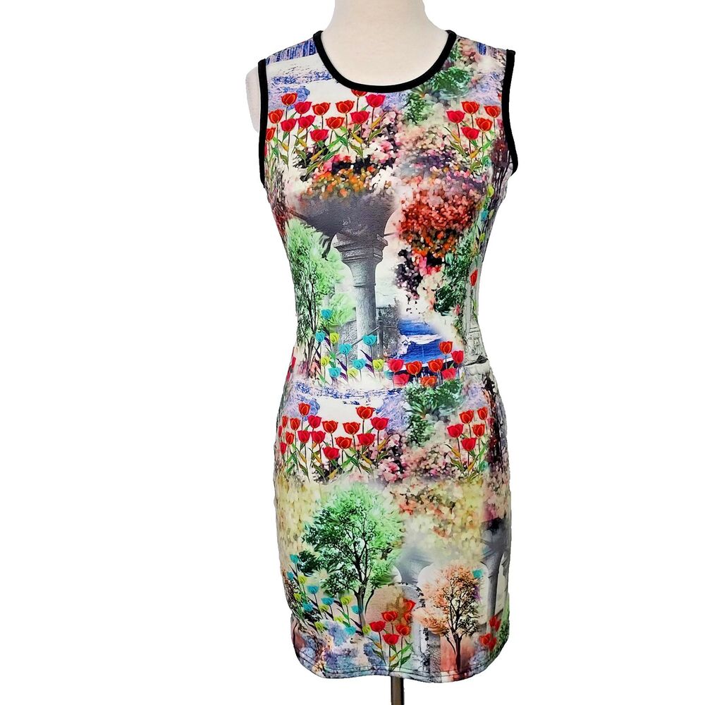 Cocoom Floral Landscape Bodycon Neoprene Dress Size Medium Sleeveless Stretch
